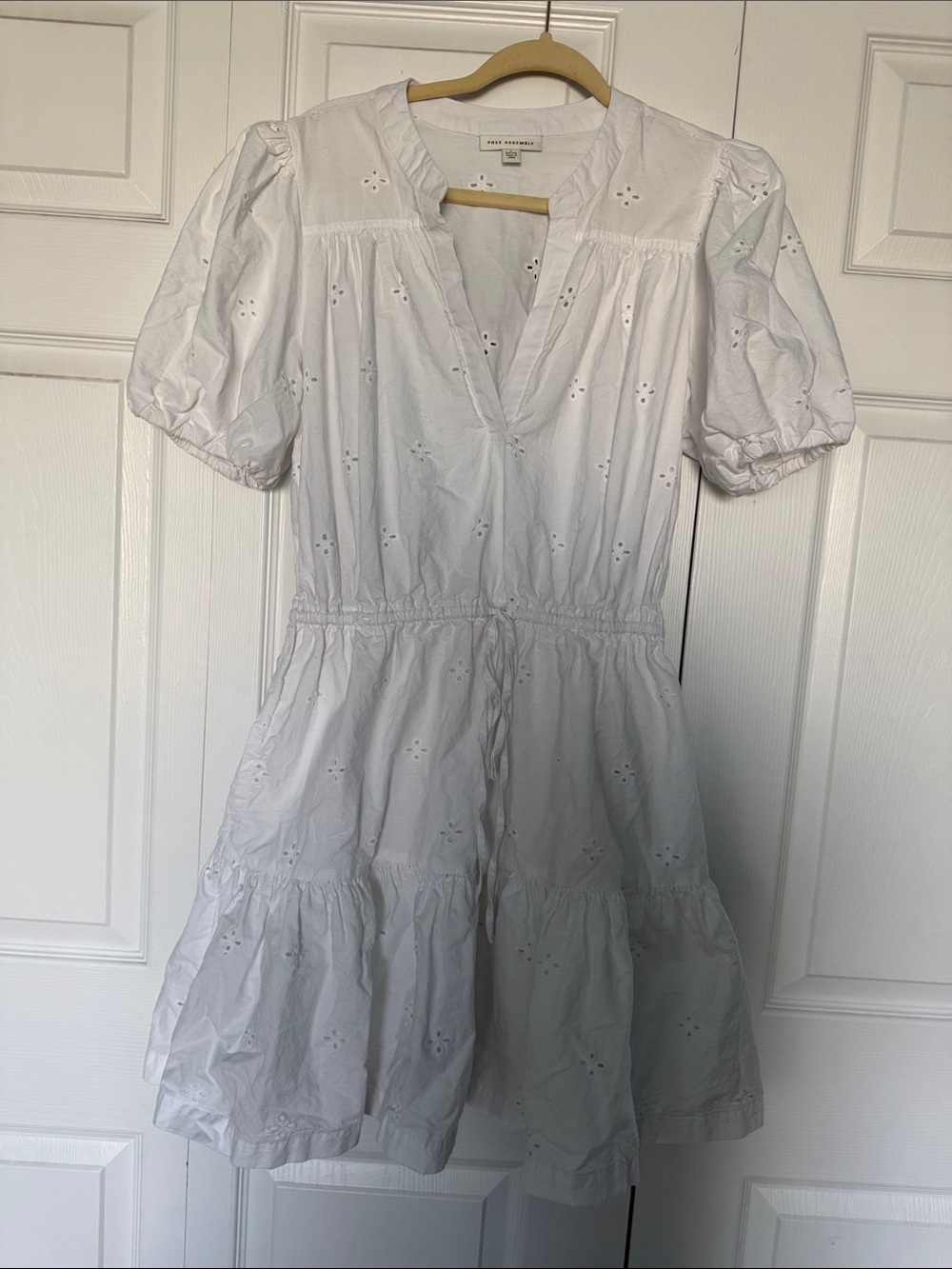 White Eyelet Tiered Mini Dress with Puff Sleeves